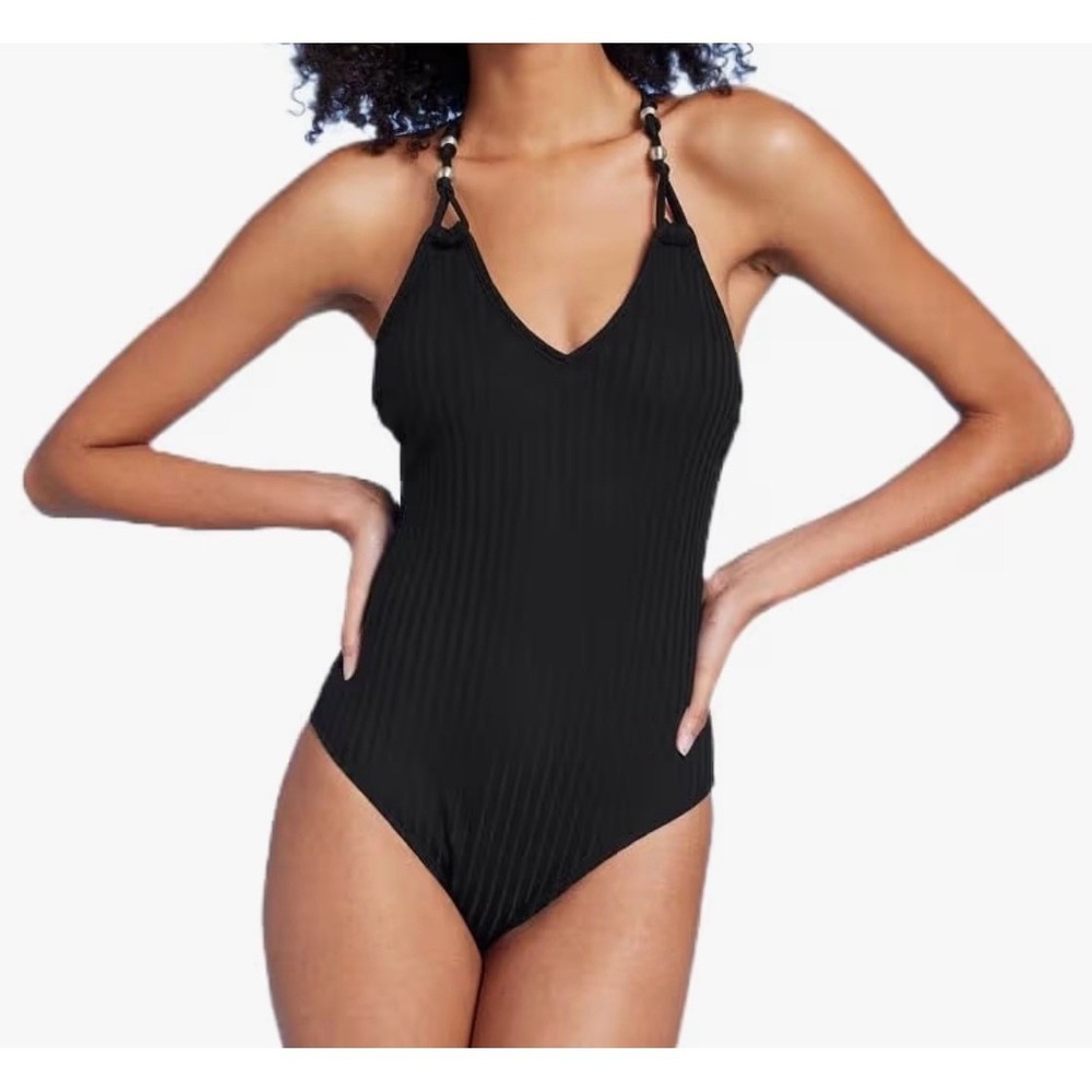 Shade & Shore Black Ribbed Beaded‎ Halter One Piece Swimsuit XS NWT